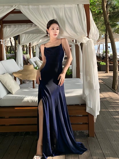 Modest Mermaid Spaghetti Strap Navy Blue Sequin With Slit Long Date Night Outfits Semi Formal Prom Wedding Guest Dresses RB5385
