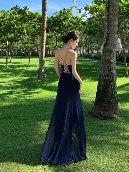 Modest Mermaid Spaghetti Strap Navy Blue Sequin With Slit Long Date Night Outfits Semi Formal Prom Wedding Guest Dresses RB5385
