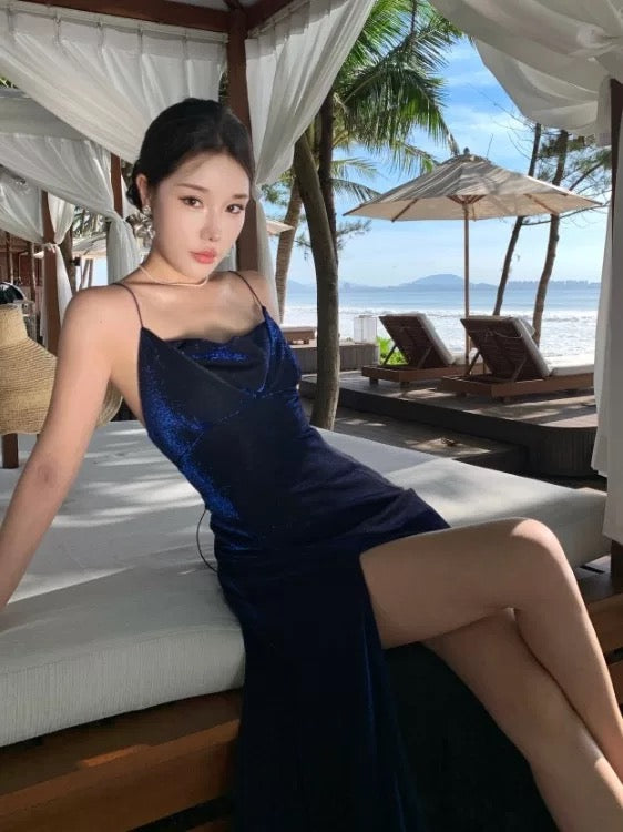 Modest Mermaid Spaghetti Strap Navy Blue Sequin With Slit Long Date Night Outfits Semi Formal Prom Wedding Guest Dresses RB5385