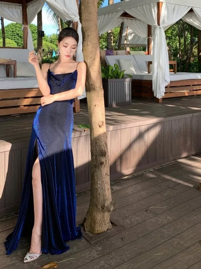 Modest Mermaid Spaghetti Strap Navy Blue Sequin With Slit Long Date Night Outfits Semi Formal Prom Wedding Guest Dresses RB5385