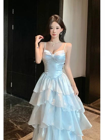 French Style A line Spaghetti Straps Light Sky Blue Date With Ruffled Night Evening Outfit Formal Prom Dresses RB5387