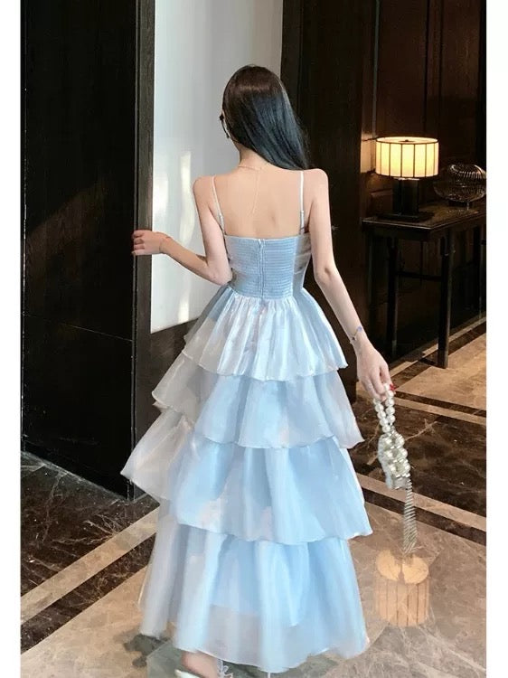 French Style A line Spaghetti Straps Light Sky Blue Date With Ruffled Night Evening Outfit Formal Prom Dresses RB5387