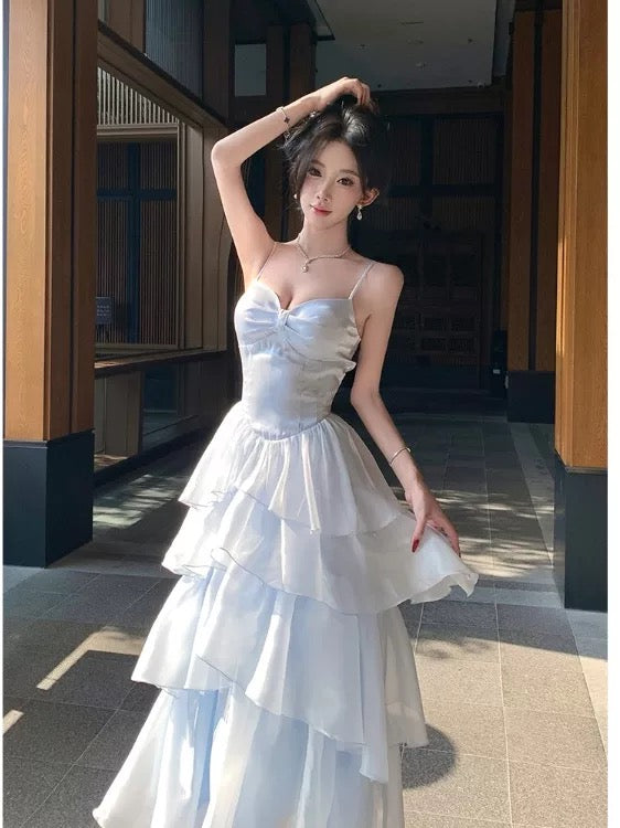 French Style A line Spaghetti Straps Light Sky Blue Date With Ruffled Night Evening Outfit Formal Prom Dresses RB5387