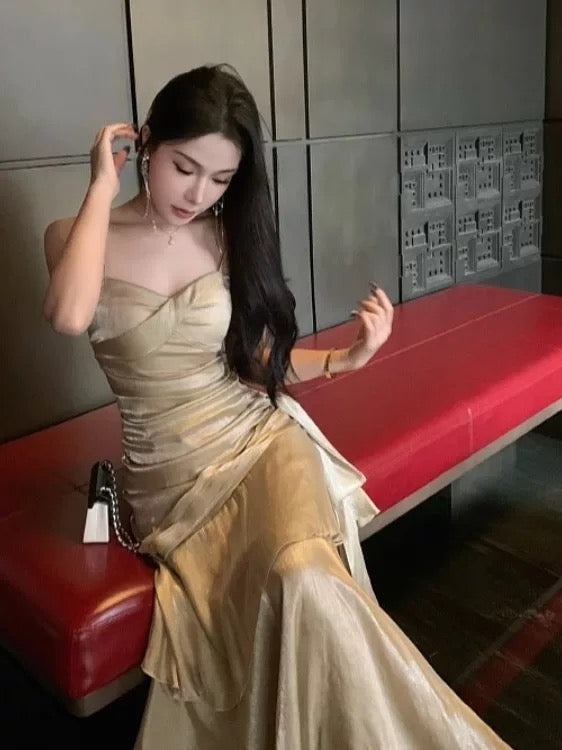 Sexy Mermaid Spaghetti Strap Gold With Ruffled Date Night Outfits Long Formal Evening Wedding Guest Dresses RB5389