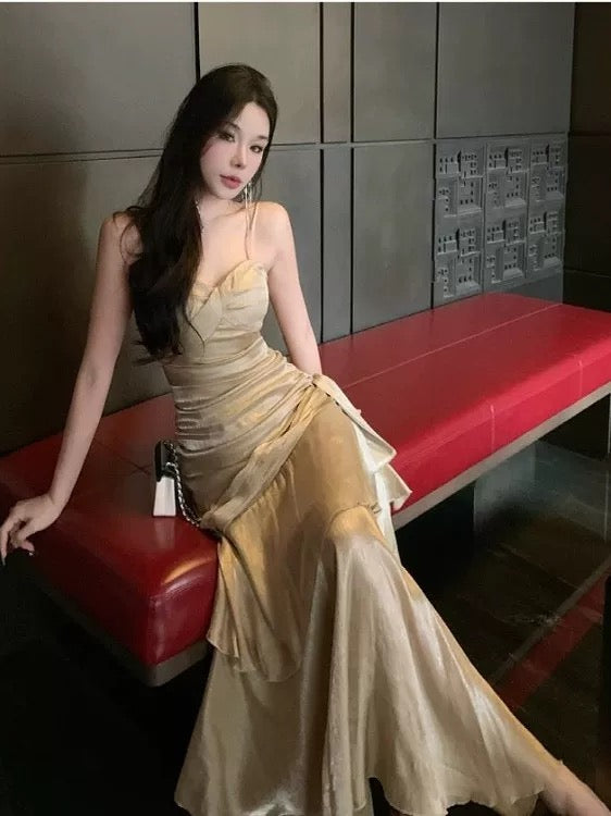 Sexy Mermaid Spaghetti Strap Gold With Ruffled Date Night Outfits Long Formal Evening Wedding Guest Dresses RB5389