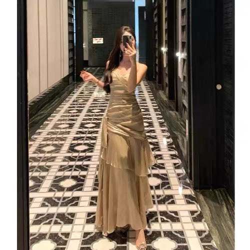 Sexy Mermaid Spaghetti Strap Gold With Ruffled Date Night Outfits Long Formal Evening Wedding Guest Dresses RB5389