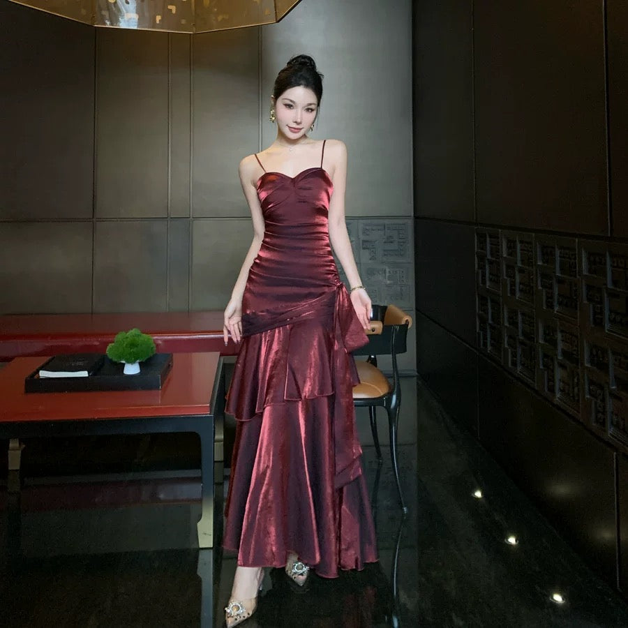 Sexy Mermaid Spaghetti Strap Gold With Ruffled Date Night Outfits Long Formal Evening Wedding Guest Dresses RB5389