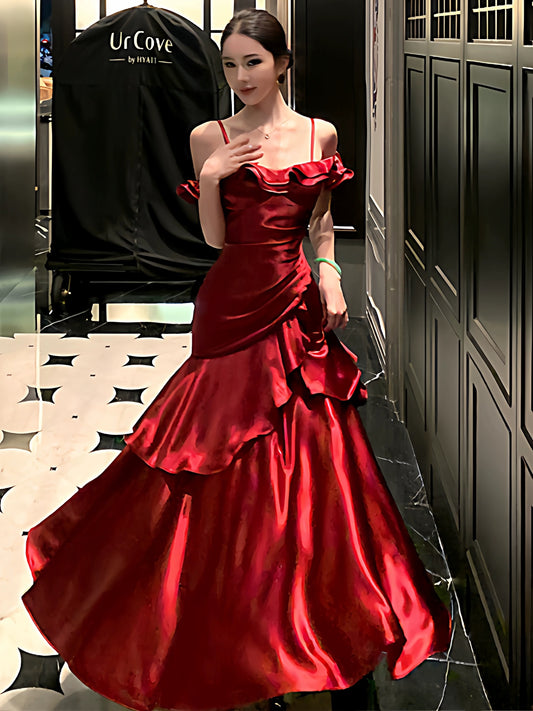 French Style Mermaid Spaghetti Straps Red Date With Ruffled Night Evening Outfit Formal Prom Dresses RB5388