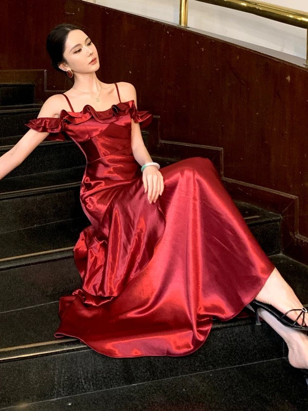 Classy Mermaid Spaghetti Strap Burgundy Prom Spring Summer Beach Formal Wedding Bridal Guest Dresses N3951