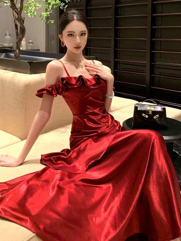 French Style Mermaid Spaghetti Straps Red Date With Ruffled Night Evening Outfit Formal Prom Dresses RB5388
