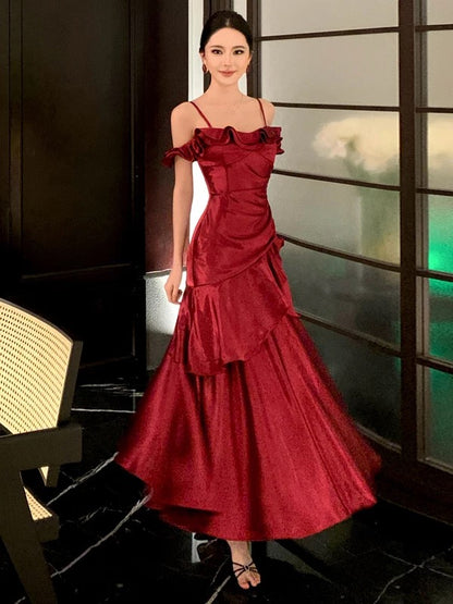 French Style Mermaid Spaghetti Straps Red Date With Ruffled Night Evening Outfit Formal Prom Dresses RB5388