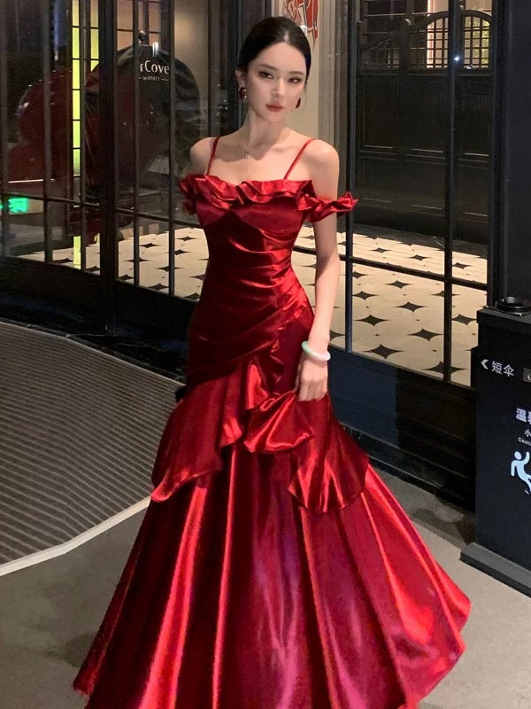 Classy Mermaid Spaghetti Strap Burgundy Prom Spring Summer Beach Formal Wedding Bridal Guest Dresses N3951