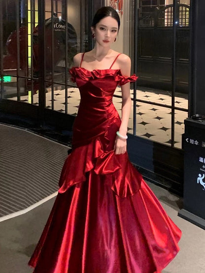 Classy Mermaid Spaghetti Strap Burgundy Prom Spring Summer Beach Formal Wedding Bridal Guest Dresses N3951