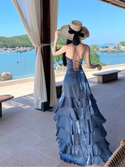 Modest Mermaid Spaghetti Strap Navy Blue Ruffled With Slit Long Birthday Outfits Backless Formal Prom Wedding Guest Dresses RB5390