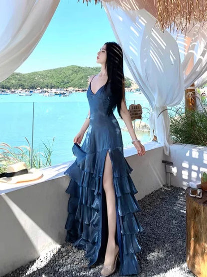 Modest Mermaid Spaghetti Strap Navy Blue Ruffled With Slit Long Birthday Outfits Backless Formal Prom Wedding Guest Dresses RB5390