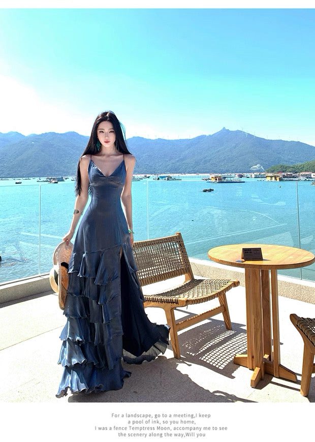 Simple Mermaid Spaghetti Strap Navy Blue Ruffled With Slit Long Birthday Outfits Backless Formal Gown Wedding Guest Dresses RB5391