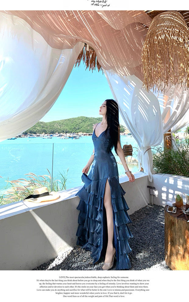 Simple Mermaid Spaghetti Strap Navy Blue Ruffled With Slit Long Birthday Outfits Backless Formal Gown Wedding Guest Dresses RB5391