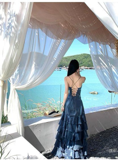 Simple Mermaid Spaghetti Strap Navy Blue Ruffled With Slit Long Birthday Outfits Backless Formal Gown Wedding Guest Dresses RB5391