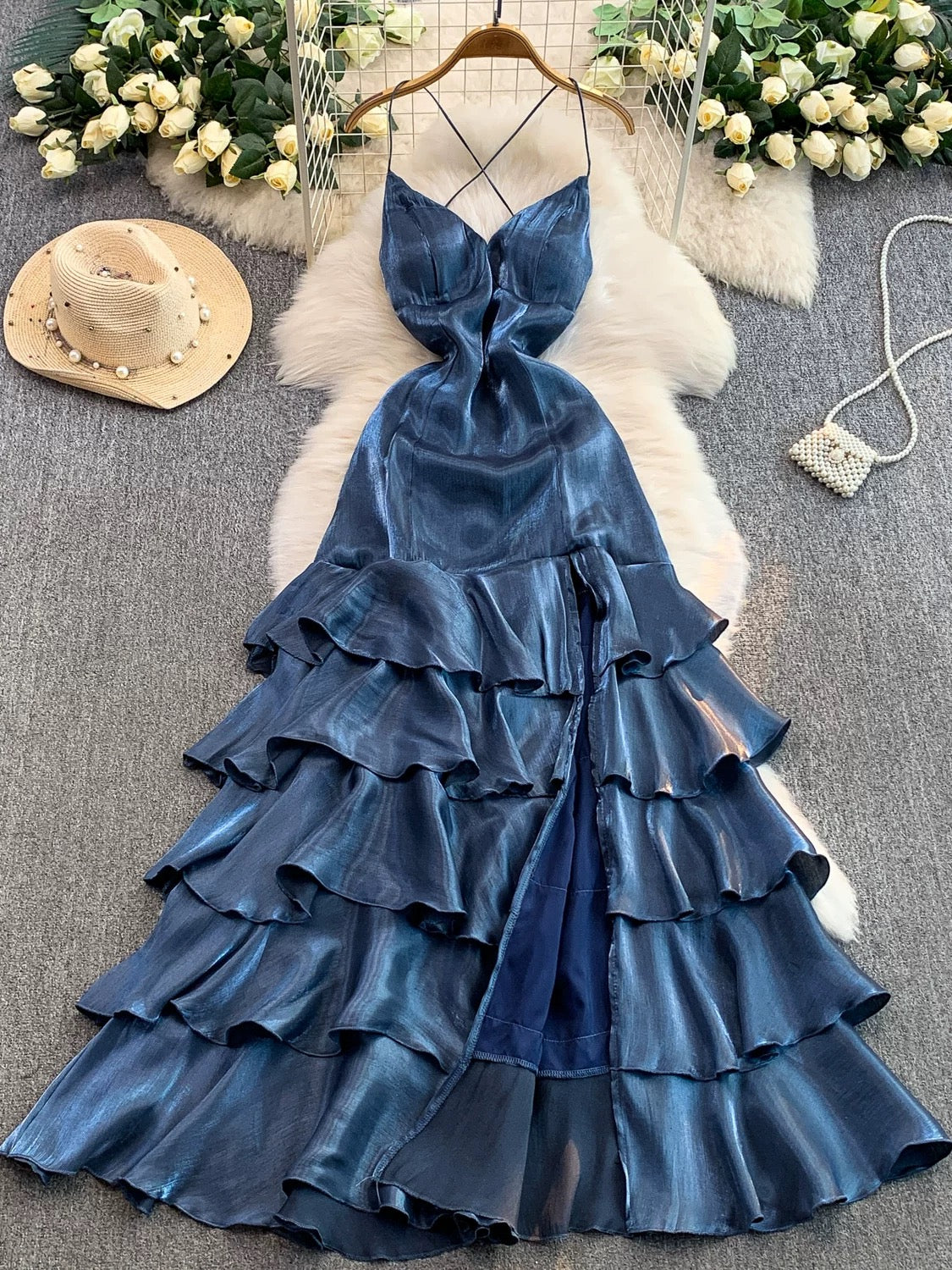 Simple Mermaid Spaghetti Strap Navy Blue Ruffled With Slit Long Birthday Outfits Backless Formal Gown Wedding Guest Dresses RB5391