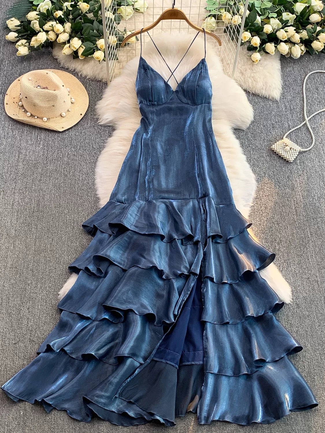 Simple Mermaid Spaghetti Strap Navy Blue Ruffled With Slit Long Birthday Outfits Backless Formal Gown Wedding Guest Dresses RB5391