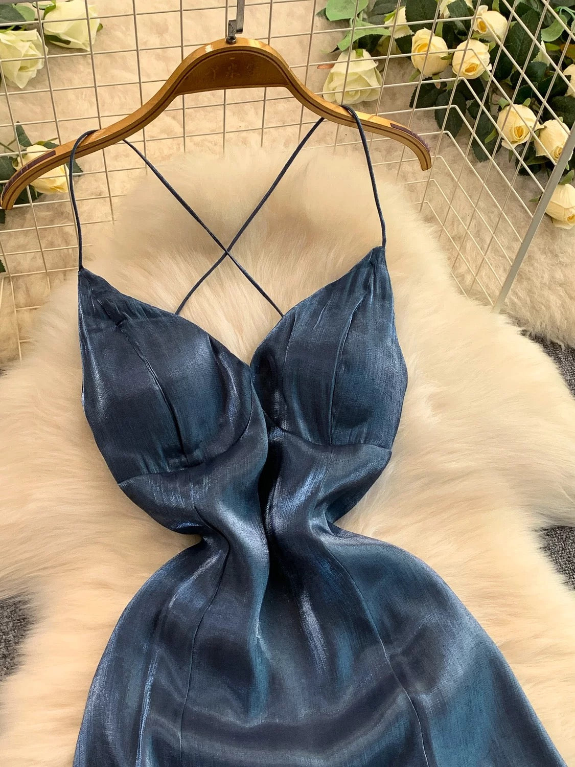 Simple Mermaid Spaghetti Strap Navy Blue Ruffled With Slit Long Birthday Outfits Backless Formal Gown Wedding Guest Dresses RB5391