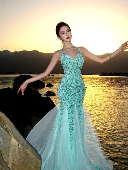 Sexy Mermaid Spaghetti Strap Mint Green Sequin With Ruffled Long Birthday Outfits Backless Formal Gown Wedding Guest Dresses RB5392