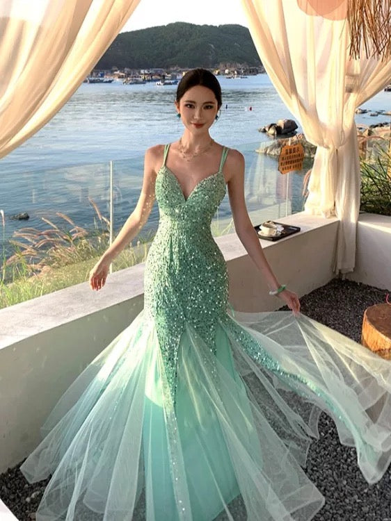 Sexy Mermaid Spaghetti Strap Mint Green Sequin With Ruffled Long Birthday Outfits Backless Formal Gown Wedding Guest Dresses RB5392