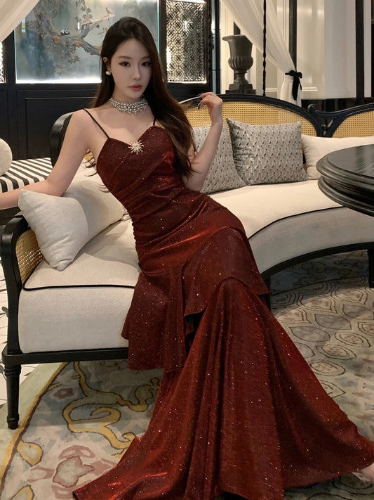 French Style Mermaid Spaghetti Straps Burgundy Date With Ruffled Night Evening Outfit Formal Prom Dresses RB5400