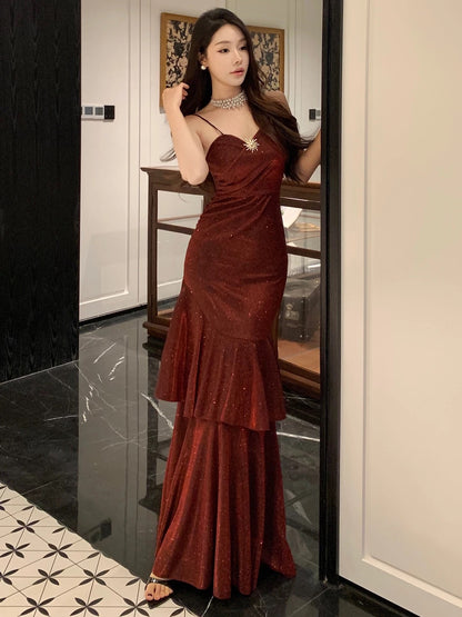French Style Mermaid Spaghetti Straps Burgundy Date With Ruffled Night Evening Outfit Formal Prom Dresses RB5400