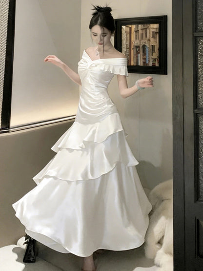 French Style Mermaid Off The Shoulder White Date With Ruffled Night Evening Outfit Formal Prom Dresses RB5401