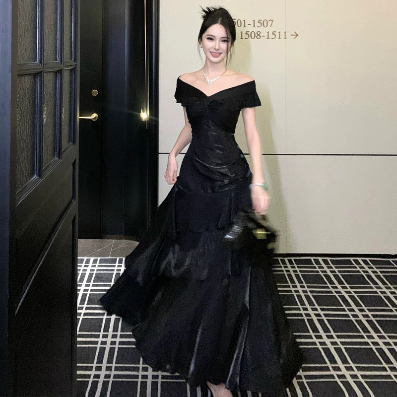 Sexy Mermaid Off The Shoulder Burgundy With Ruffled Date Night Outfits Long Formal Evening Wedding Guest Dresses RB5402