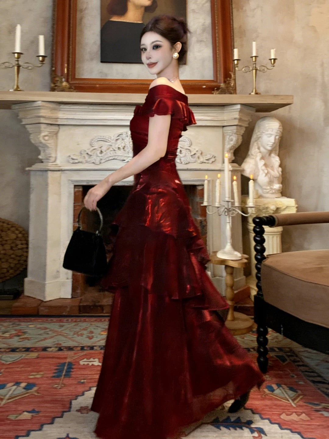 Sexy Mermaid Off The Shoulder Burgundy With Ruffled Date Night Outfits Long Formal Evening Wedding Guest Dresses RB5402