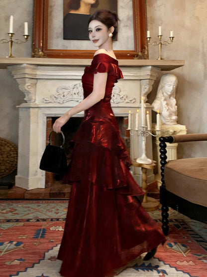 Sexy Mermaid Off The Shoulder Burgundy With Ruffled Date Night Outfits Long Formal Evening Wedding Guest Dresses RB5402