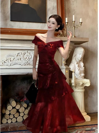 Sexy Mermaid Off The Shoulder Burgundy With Ruffled Date Night Outfits Long Formal Evening Wedding Guest Dresses RB5402