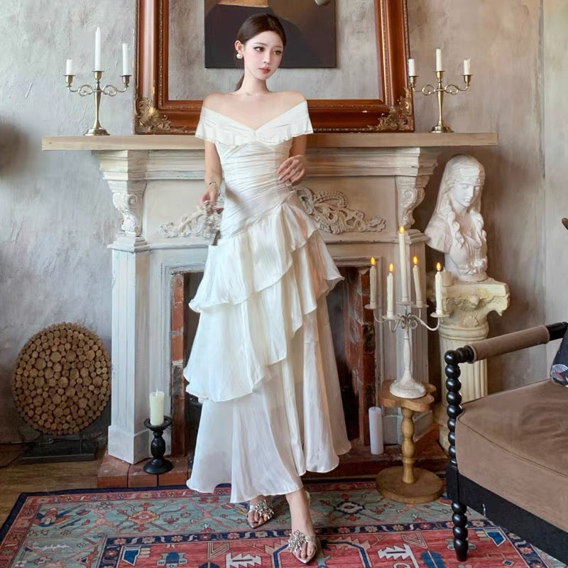 Sexy Mermaid Off The Shoulder White With Ruffled Date Night Outfits Long Formal Evening Wedding Guest Dress RB5403