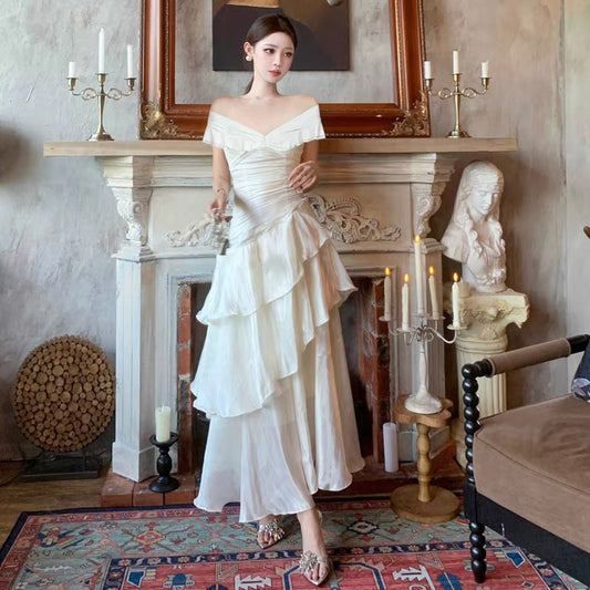Sexy Mermaid Off The Shoulder White With Ruffled Date Night Outfits Long Formal Evening Wedding Guest Dress RB5403