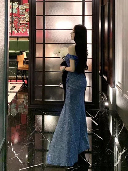 French Style Mermaid Off The Shoulder Navy Blue Slit Date With Slit Night Evening Outfit Formal Prom Dresses RB5404