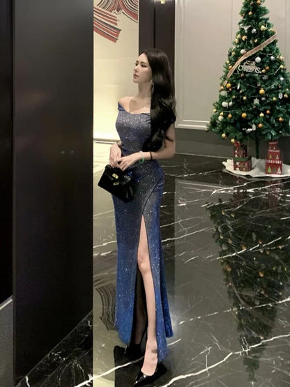 French Style Mermaid Off The Shoulder Navy Blue Slit Date With Slit Night Evening Outfit Formal Prom Dresses RB5404