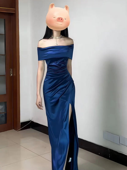 French Style Mermaid Off The Shoulder Navy Blue Date With Slit Night Evening Outfit Formal Prom Dresses RB5405