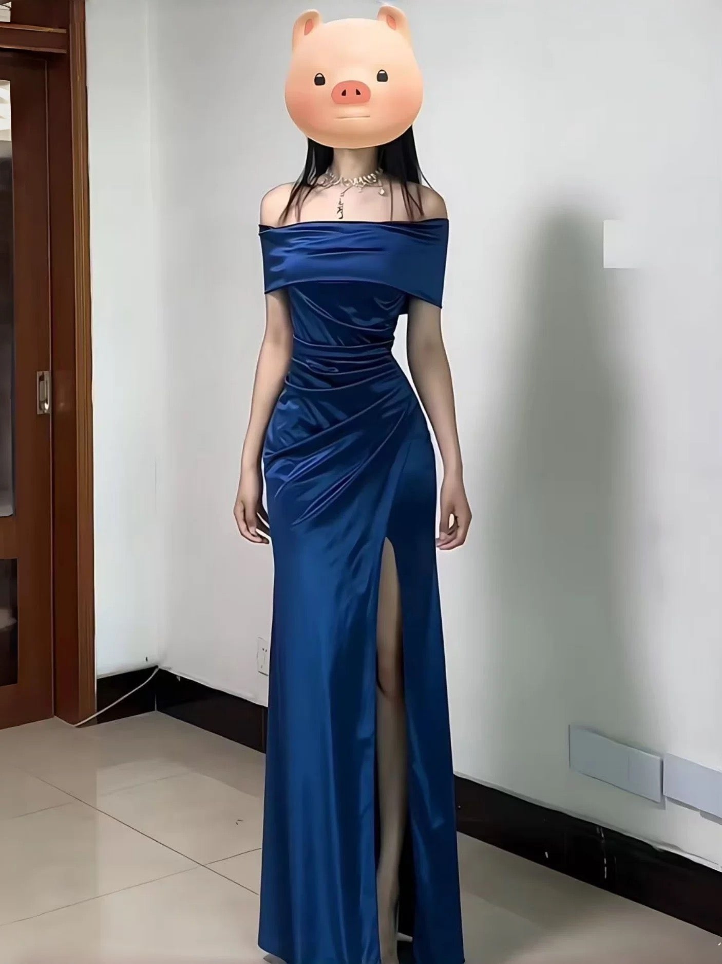 French Style Mermaid Off The Shoulder Navy Blue Date With Slit Night Evening Outfit Formal Prom Dresses RB5405