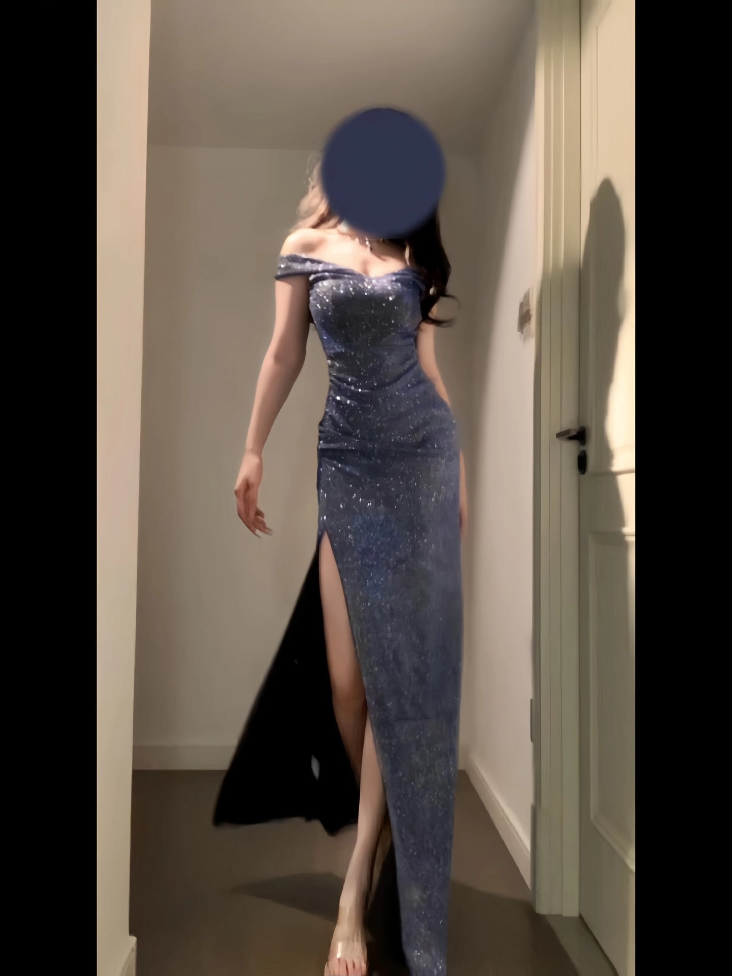 Sexy Mermaid Off The Shoulder Navy Blue With Split Date Night Outfits Long Formal Evening Wedding Guest Dress RB5408