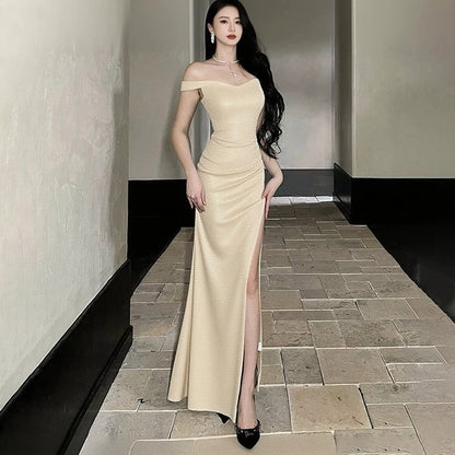 Sexy Mermaid Off The Shoulder Navy Blue With Split Date Night Outfits Long Formal Evening Wedding Guest Dress RB5408