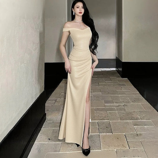 Sexy Mermaid Off The Shoulder Navy Blue With Split Date Night Outfits Long Formal Evening Wedding Guest Dress RB5408