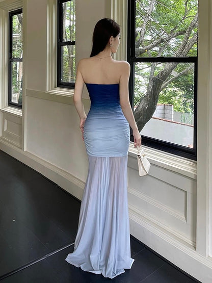 French Style Mermaid Strapless Gradient Blue Colors Chiffon Date With Ruffled Night Evening Outfit Formal Prom Dresses RB5409