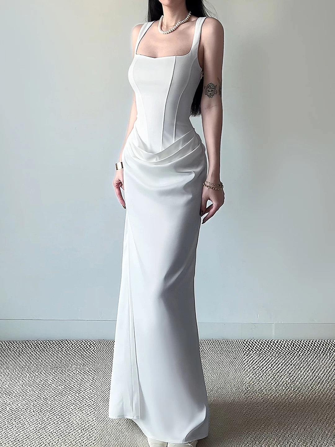 French Style Mermaid Square Neck White Satin Date Floor Length Night Evening Outfit Formal Prom Dresses RB5410