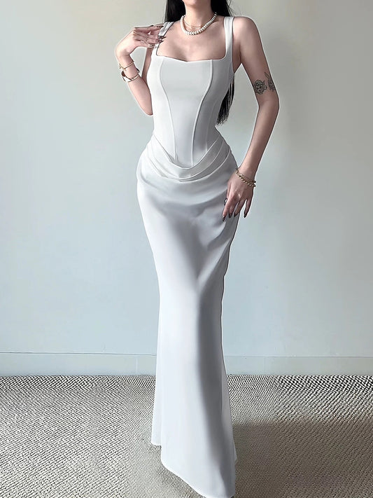 Stunning Mermaid Square Neck White Satin Date With Ruffled Night Birthday Outfit Formal Prom Dresses RB5608