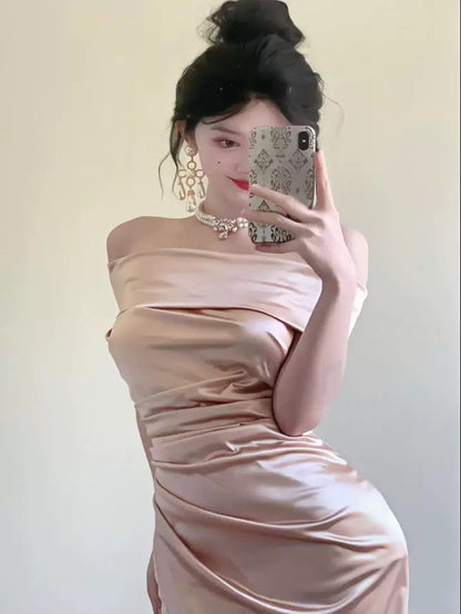 Stunning Mermaid Off The Shoulder Pink Satin Date With Ruffled Night Evening Outfit Formal Prom Dresses RB5411
