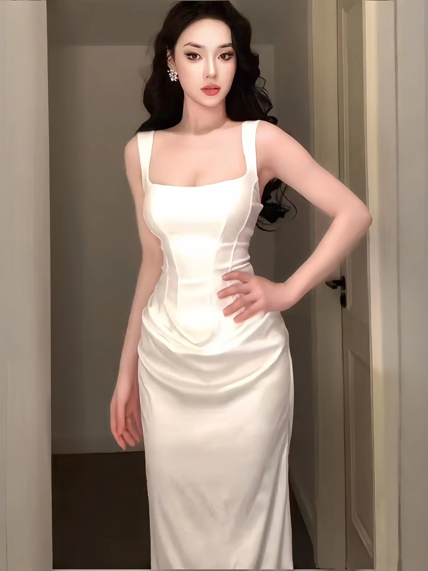 Stunning Mermaid Square Neck White Satin Date With Ruffled Night Evening Outfit Formal Prom Dresses RB5412