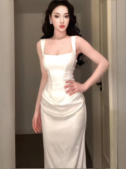 Stunning Mermaid Square Neck White Satin Date With Ruffled Night Evening Outfit Formal Prom Dresses RB5412