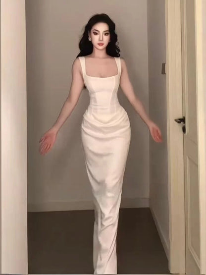 Stunning Mermaid Square Neck White Satin Date With Ruffled Night Evening Outfit Formal Prom Dresses RB5412